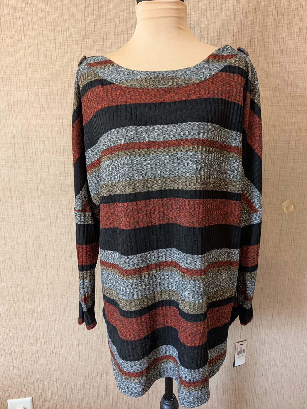 Alyx Striped Ribbed Knit Tunic in Rust, Black & Gray-Blue